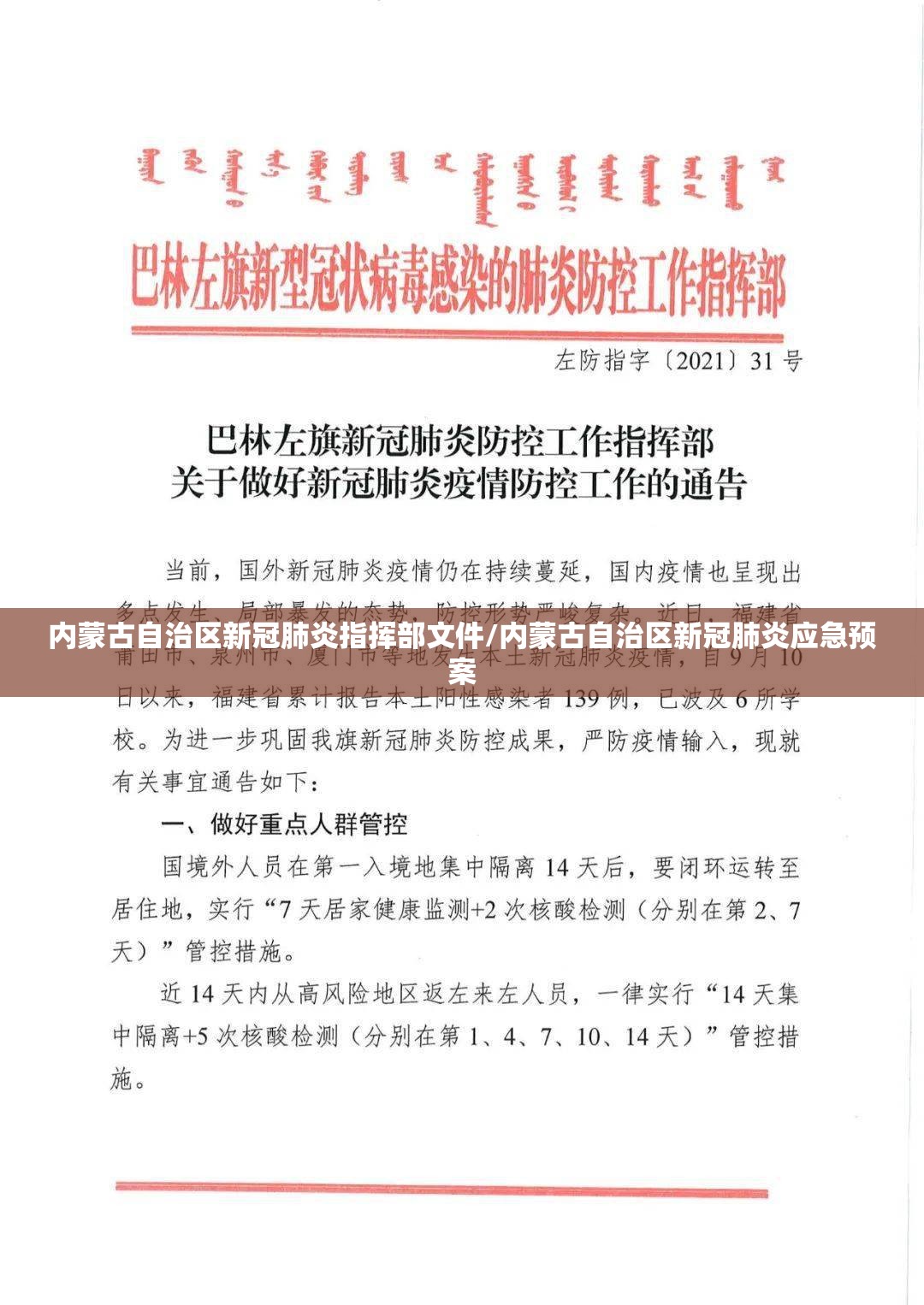 内蒙古自治区新冠肺炎指挥部文件/内蒙古自治区新冠肺炎应急预案