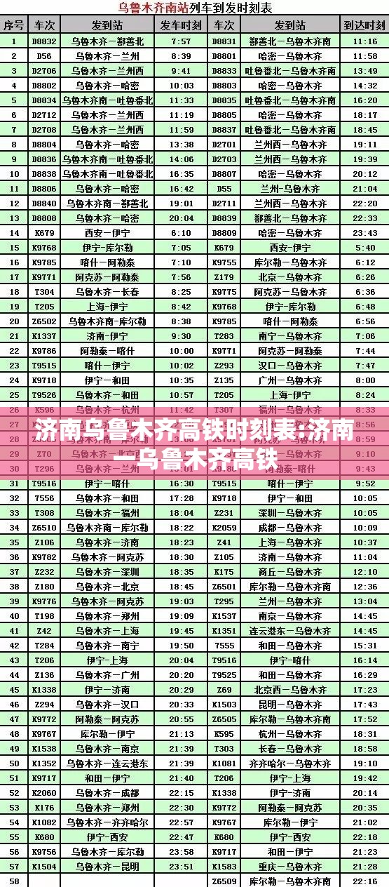 济南乌鲁木齐高铁时刻表:济南一乌鲁木齐高铁